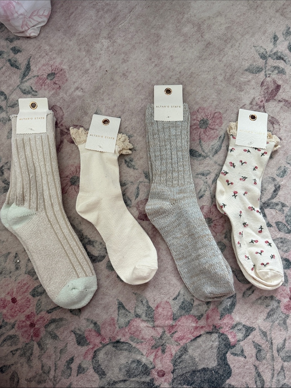 Altar'd State Neutral & Cherry Print Sock Set - Beige, Cream, Gray, Ivory